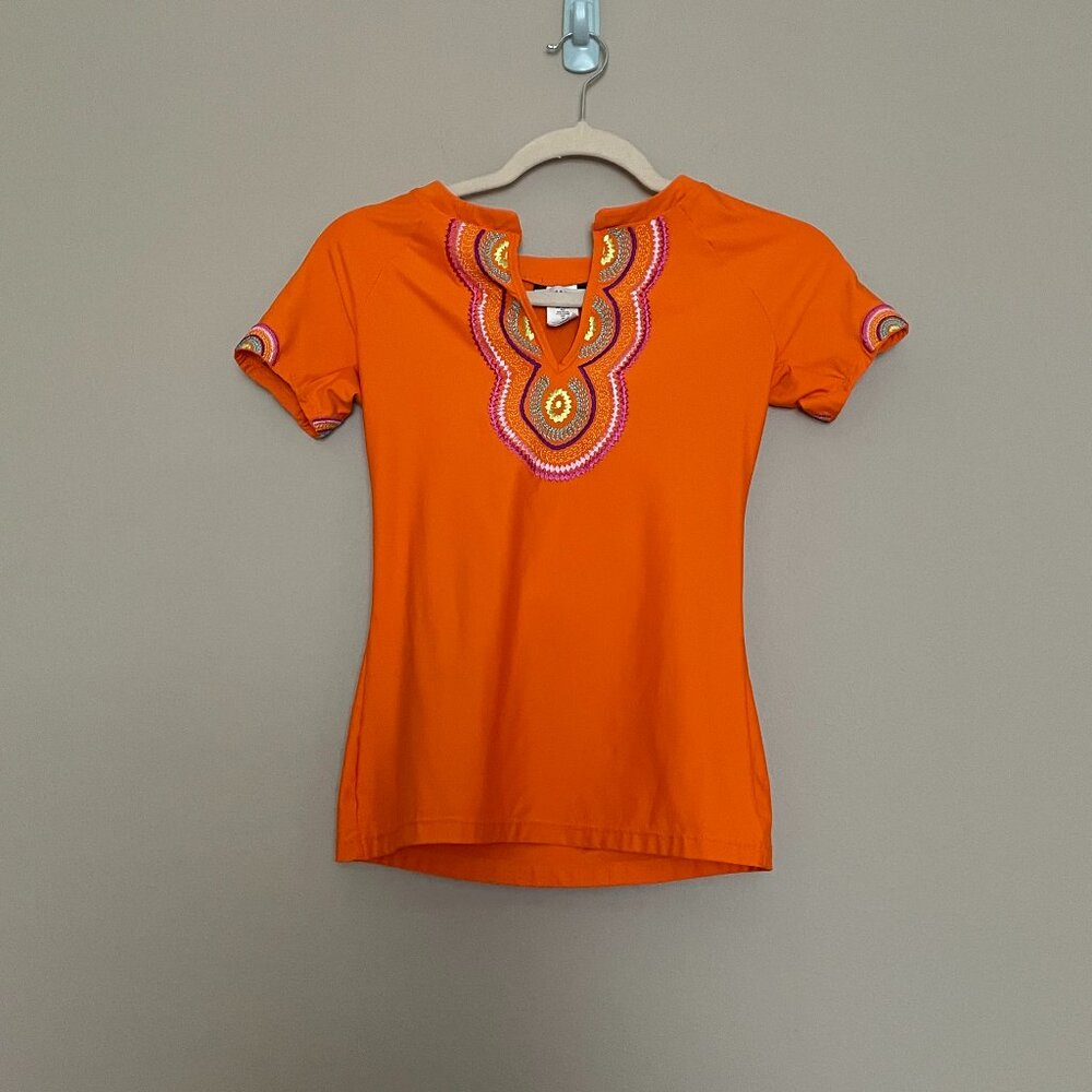 Trina Turk, Size S, Orange, colorful Embroidery, Rashguard, Swim shirt.